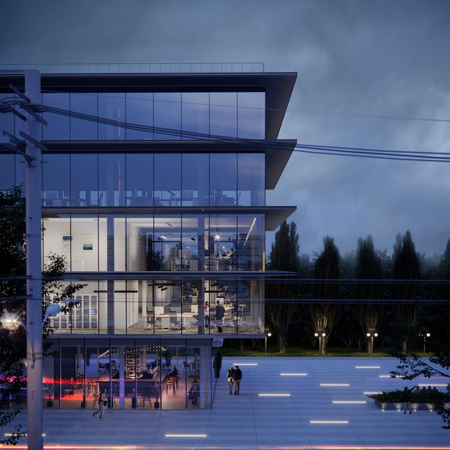 view of an office building in a night setting