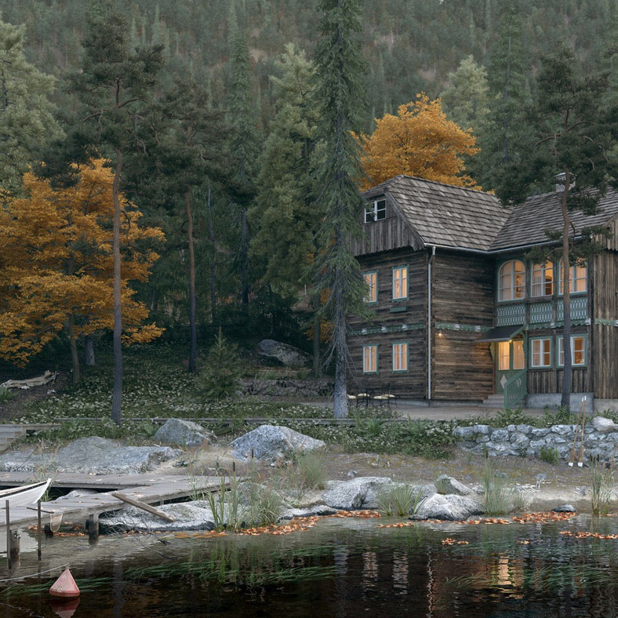 realistic 3d render of a wooden house on the lake shore. lights are on in the house