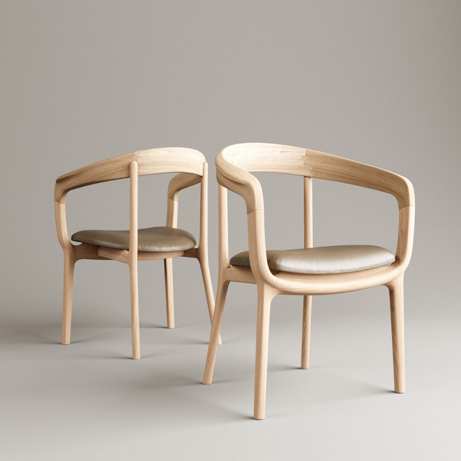 3d render of two wooden chairs with leather seat