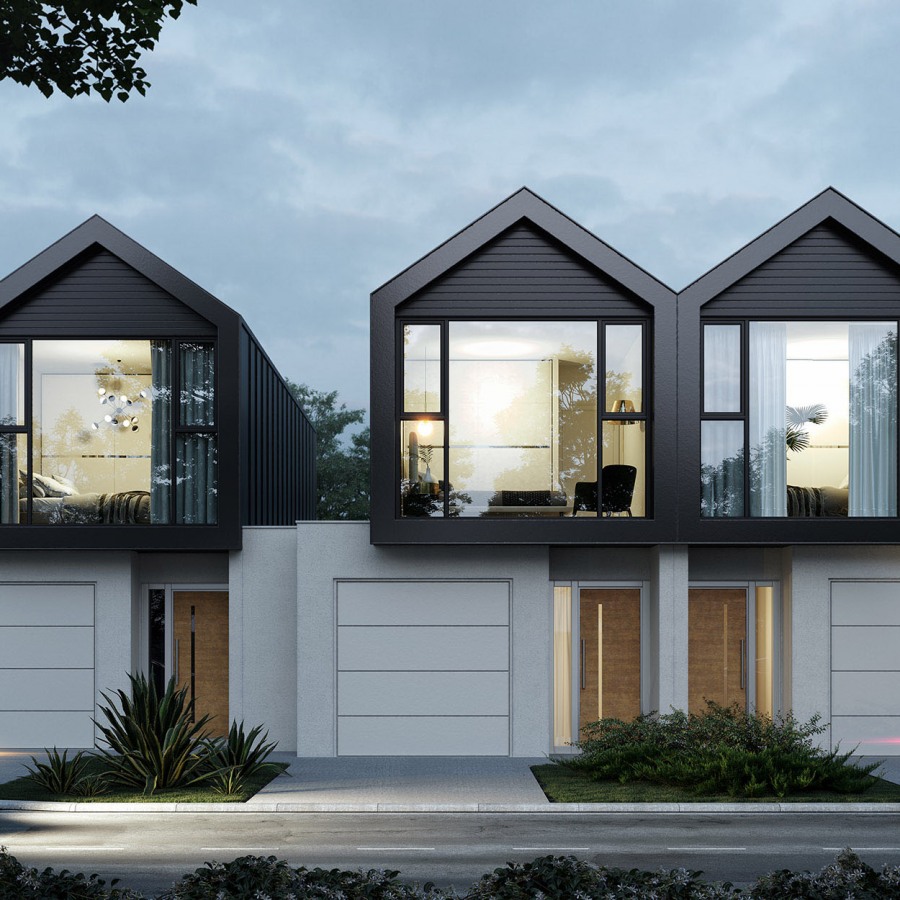 modern townhouse in Australia. car rays of light in the nighttime atmosphere