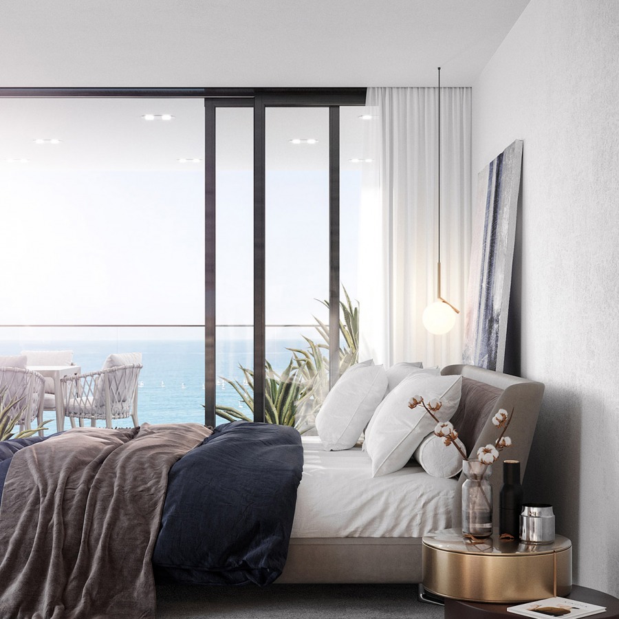 3d render. Modern bedroom with sea view