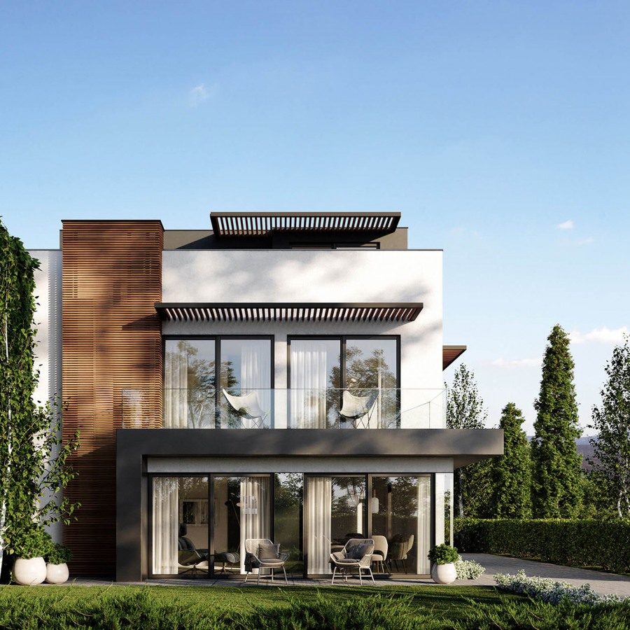 3d render of a modern private white house with black facade details